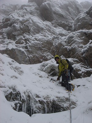 Tom approaching the headwall of Central Gully on P2  © Toby Spence