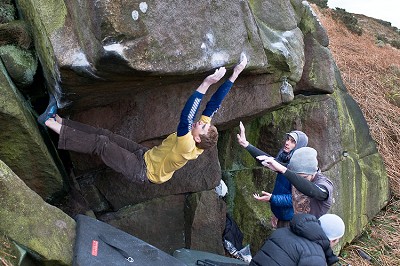 Ned Feehally climbing a direct start in to Golden Egg  © Keith Sharples Photography