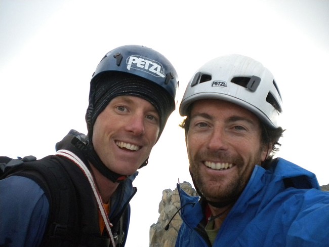 Charlie Boscoe and Nic on the summit of the Grand Dru  © Charlie Boscoe