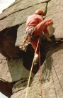 Les Bonnington on Eliminator Stanage Edge July 1977, "Not a Cam in sight".