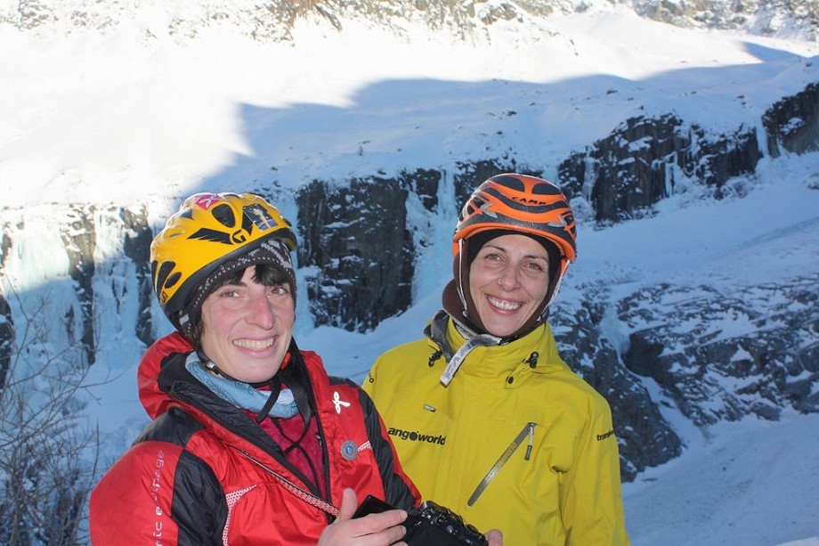 Anna Torretta and Cecilia Buil after topping out on a recent all female ascent of Nuit Blanche - WI6  © Juan Goyanes