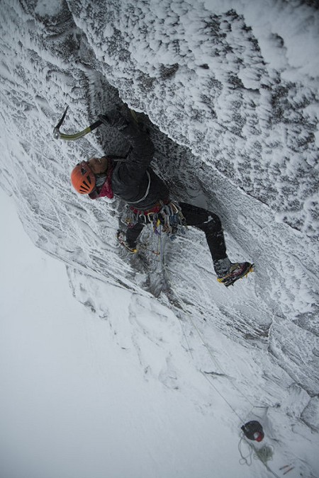 Charly Fritzer getting to grips with steep mixed climbing in Scotland  © Hans Hornberger