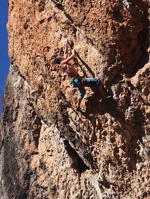 Steve McClure climbing the F8c+ route of Blomu at Santa Linya, Spain  © Steve Crowe