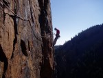 Erick  at the belay on the Eldo classic Rosy Crucifixion