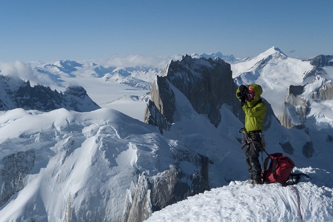 Jon Griffith on the Summit of Cerro Standhart, Patagonia  © Will Sim