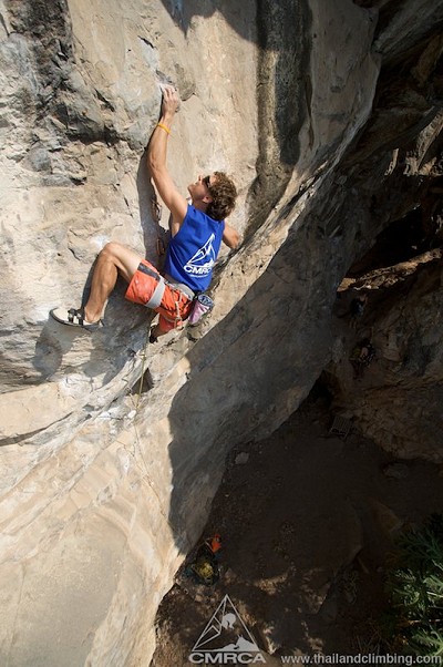 Last couple of moves on A Wild Ride on a Crazy Horse (8a+)  © TC Changed