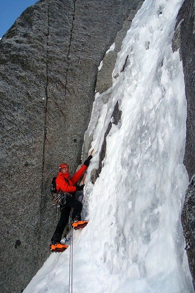 Jack Geldard climbing the crux of the Frendo-Ravanel, Argentiere Glacier  © Charlie Boscoe