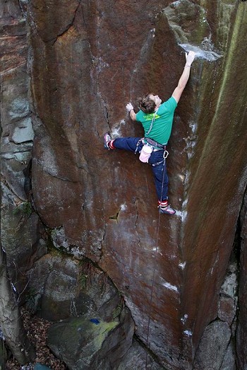 James Pearson on first ascent of The Return of the Jedi (HXS 7a) Matlock Bank Quarry  © David Simmonite