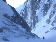 Climbing the large Lagarde Couloir on the NE face of the Droites