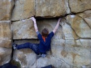 louis on the seated start overhang problem, at greetwell quarry, lincoln, check out bouldergrouplincoln on facebook
