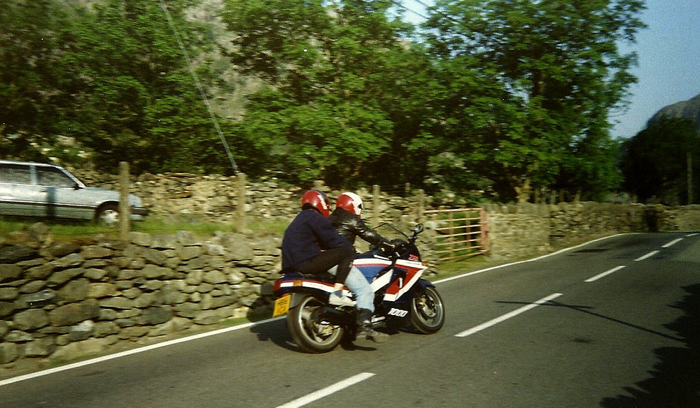On the back of a Suzuki 1000, about to hit 100mph up the pass and 150 down to Capel Curig. - 1991   © A Nidderdale boulderer.