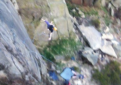 Franco about to hit the deck from 20 metres on 'The Incurable Itch without side runners' E9 7a** ish  © Franco Cookson