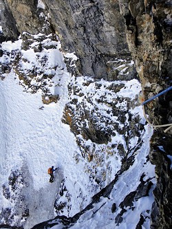 Jack Geldard gaining the Brittle Ledges, Eiger North Face  © Rob Greenwood