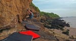 James on the finish of Starboard Traverse (v7) at Ladye Bay, Cleavdon.