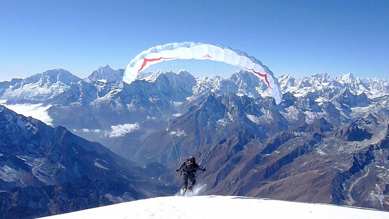Stuart Holmes launching from Ama Dablam in November 2009 with a speedglider (mini paraglider)  © Adam Booth