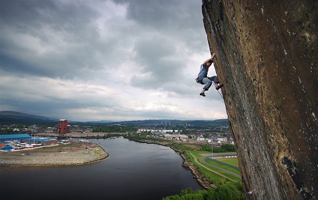 Will Atkinson seconds before a 40 foot whipper off the top of Requiem at Dumbarton Rock.  © Bean