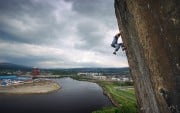 Will Atkinson seconds before a 40 foot whipper off the top of Requiem at Dumbarton Rock.