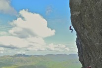 Ed Brown just failing on the last crucial move of Entonox E6 (6c)   Scafell East Buttress