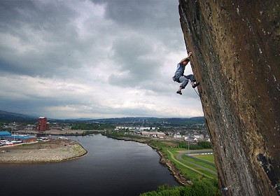 Will Atkinson seconds before a 40 foot whipper off the top of Requiem at Dumbarton Rock.  © Bean