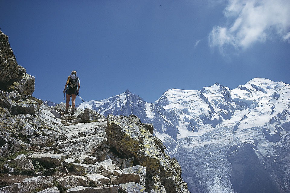 Steep slab section of trail – Mont Blanc is across that valley  © Cicerone