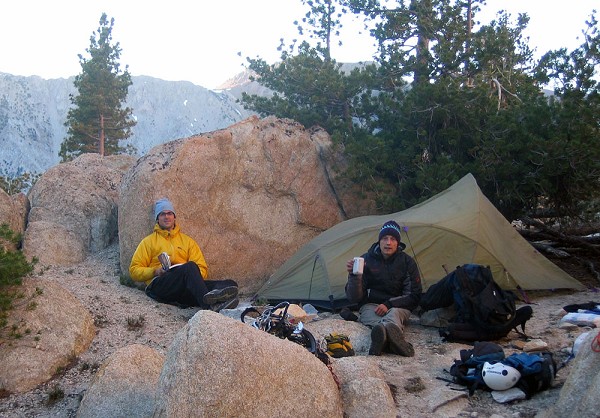 Tom Briggs and Nic Sellars camped at the base of the Incredible Hulk, Sierra Nevada, California  © Tom Briggs