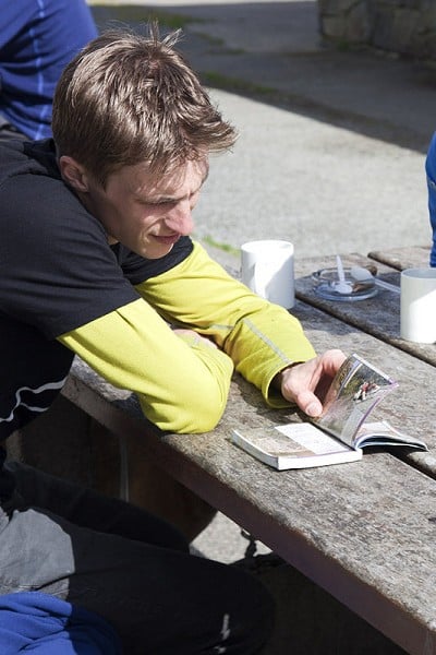 Jorg Verhoeven checking his guidebook for more routes after a good morning on Bwlch y Moch!  © Jack Geldard