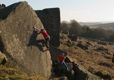 David Noddings and his shadow on Crescent Arete at Stanage  © Alan James - UKC