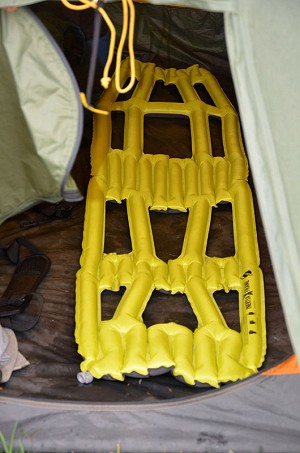 Ready for a good nights sleep. The Klymit Inertia X-Frame Sleeping Mat: interconnected tubes and twelve cut outs (holes)  © Mick Ryan UKC/UKH