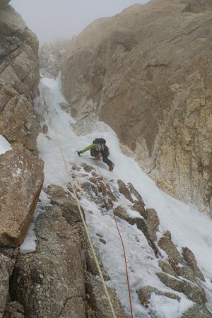Jon Griffith heading up the Japanese couloir (start of the route)  © Will Sim