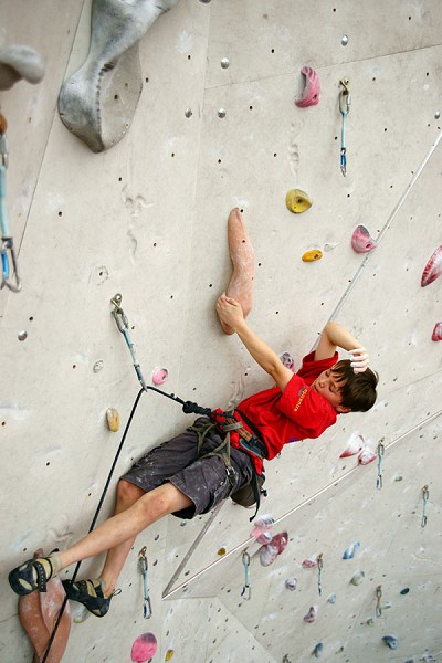 A 'Flag' - the climber's left foot is held out to the side for balance, the weight is on the right foot  © Will Carroll