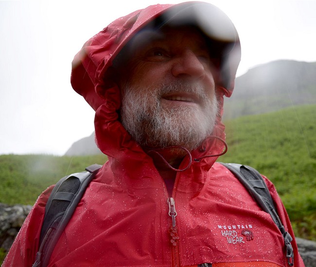 Cameron McNeish wearing the Mountain Hardwear DryQ Elite Drystein Jacket, in the rain!  © Mick Ryan UKC/UKH