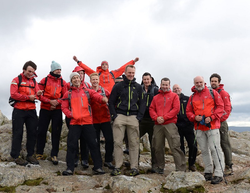The Mountain Hardwearteam, top climbers and outdoor journalists at the Harrison Stickle summit.  © Mick Ryan UKC/UKH
