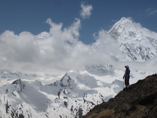 Lesley Burgess below Pangpoche summit, Manaslu dominates the vista  © nickcanute