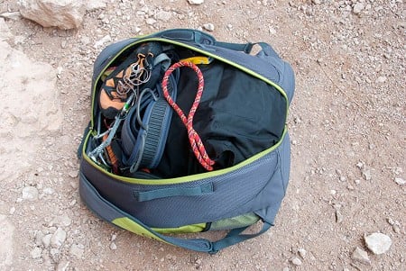 Beal Combi Cliff Rope Bag packed with all the gear you need  © UKClimbing