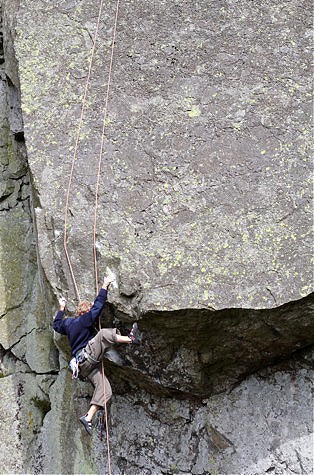 Adam Hocking practicing The Keswickian on top rope prior to his first ascent