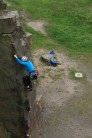 Me high up on Tighe's Arete (E1 5a**), Hobson Moor Quarry.