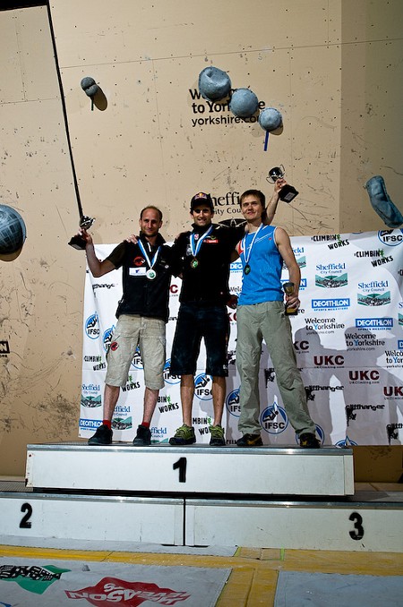 The men's podium: Cedrit Lachat, Kilian Fischuber and Alexsey Rubtsov  © Keith Sharples Photography