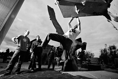 A bold move. Photograph taken during the oldest Dutch bouldering event: BBX  © Kamil Tamiola