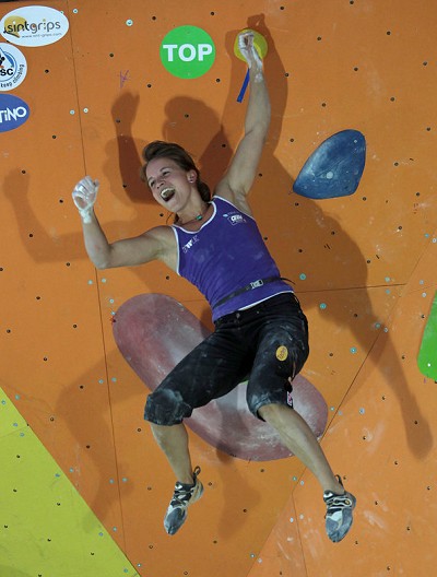 Austrian Anna Stöhr happy to top out the final problem and win the gold at Arco 2011  © Arco 2011