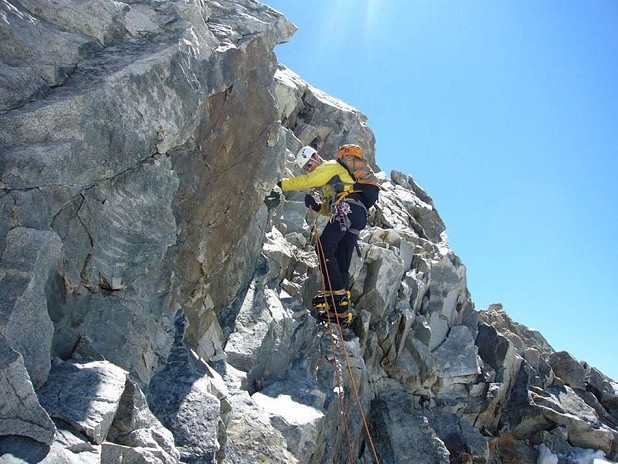 The loose rocky section below the summit  © Owain Jones