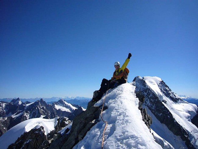 Summit of the more remote Dome de Rochefort. Point Whymper and Point Walker of the Grandes Jorasses in the background  © Owain Jones