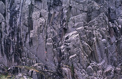 Dave Birkett making the first ascent of Welcome to the Cruel World, Scafell East Buttress  © Mark Glaister