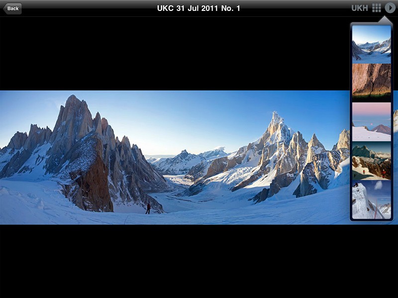 UKC Top Photos App:  Fitz Roy, RHS Cerro Torre showing slide show function  © Jon Griffith