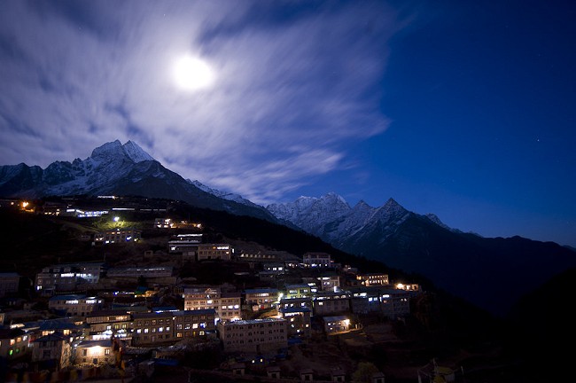 Namche Bazaar by moonlight: your last chance for showers and shoppping  © Alex Messenger