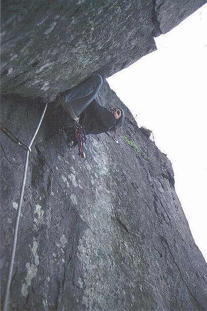 Al Manson giving Post Mortem a try,1974 with Syrett. Later as second took flight from the crux.See next photo.  © USBRIT