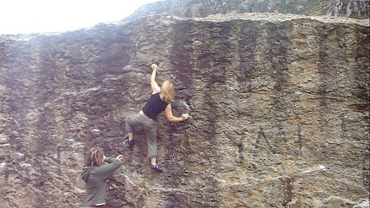 Pocket Wall, V3, on Cromlech boulders in North Wales  © shazza65