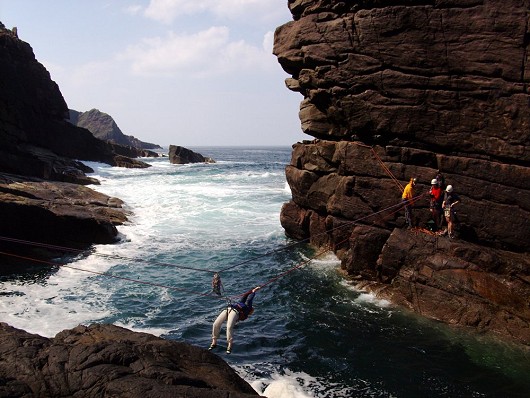 Tyrolean traverse to reach the Old Man of Stoer  © John Proctor