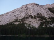 View of Petit Bargy from Lac Benit. From left to right: Secteur Les Dalles, Les Yeux, Grand Diedre and Pilier.
