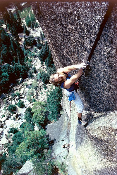 Ray Jardine using his Friends on the first ascent of the Phoenix 5.13a. Yosemite, 1977.  © Wild Country Collection