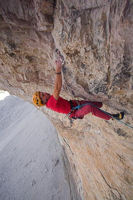 Luka on the first crux of the hardest pitch.  © Urban Golob